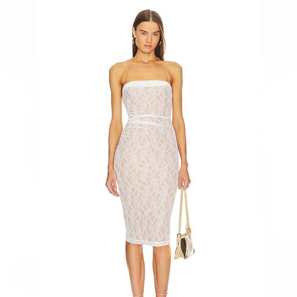 Michael Costello x Revolve Noa Midi Dress white lace stretch strapless $238 XXS - Picture 1 of 12